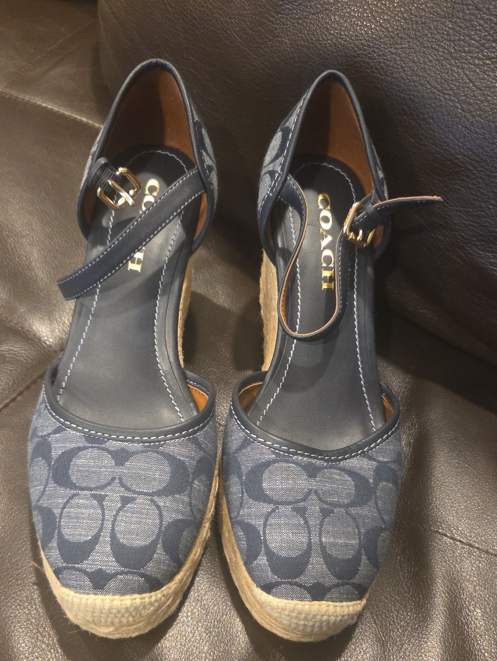 COACH Signature C Navy Espadrille Wedge Heels Ankle Strap Size 9 NWOB